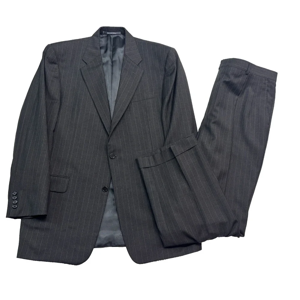 Hickey Freeman 42R 38x30 Gray Tan Stripe 2pc Pant Suit Madison USA Pleated Wool